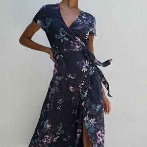 Aritzia Babaton Indigo Floral Slit Wrap Dress S